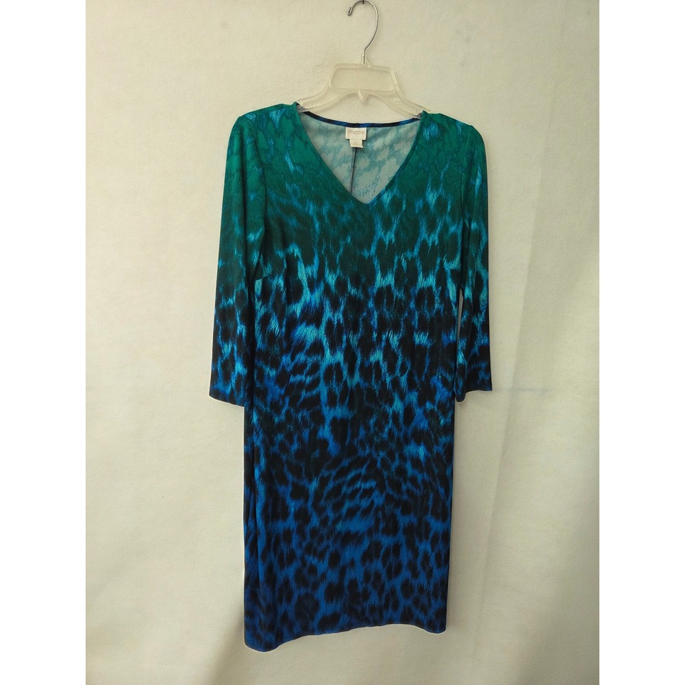 Chicos Womens Ombre Leopard Print V-Neck Sheath Dress Blue Green Size 0 Small